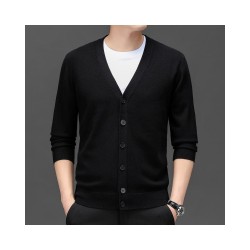 Men's Wool Cardigan Sweater for Middle-Aged Dads, Long Sleeve Solid Color Fashionable Open Front Knit Top