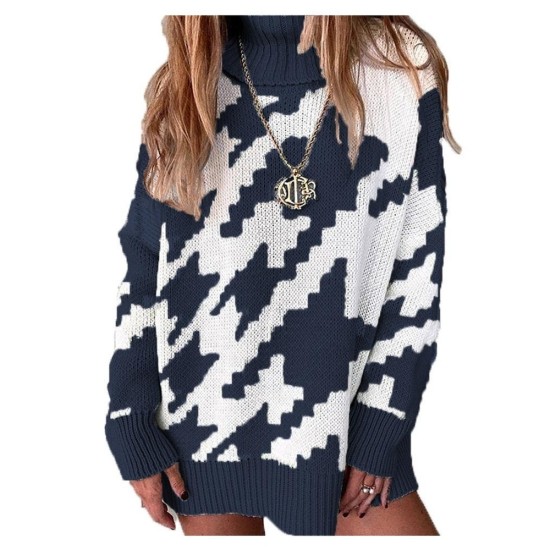 Chunky Knit Sweater Women Longline Cardigan Colorblock Collar Coat