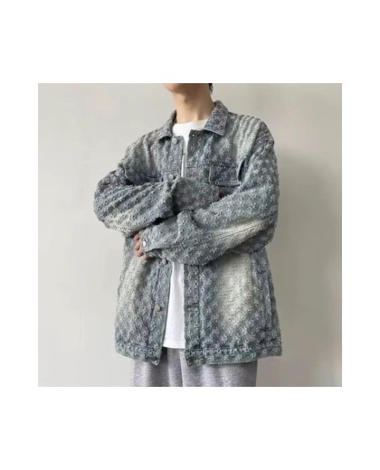 Vintage Wash Distressed Denim Jacket with Jacquard & Tie-Dye - Unisex Streetwear