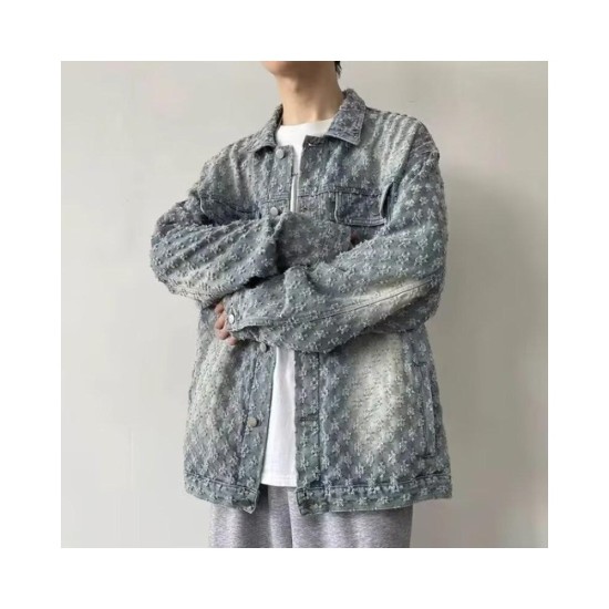 Vintage Wash Distressed Denim Jacket with Jacquard & Tie-Dye - Unisex Streetwear