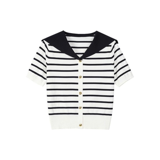 French Navy Stripe Knit Top with Sailor Collar: Flattering, Youthful Office Wear