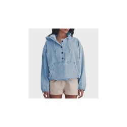 Women's Denim Hoodie Jacket with Button Front - Casual Pullover Top for Stylish Comfort