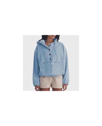 Women's Denim Hoodie Jacket with Button Front - Casual Pullover Top for Stylish Comfort