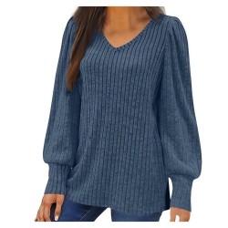 Women's Oversized Knit Thin Puff Sleeve Long Sleeve Loose Comfortable T-Shirt Top
