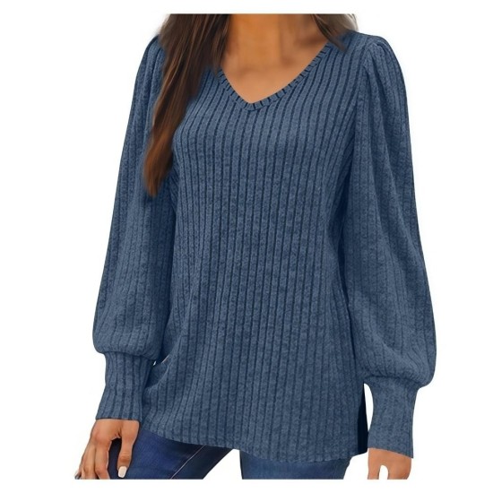 Women's Oversized Knit Thin Puff Sleeve Long Sleeve Loose Comfortable T-Shirt Top