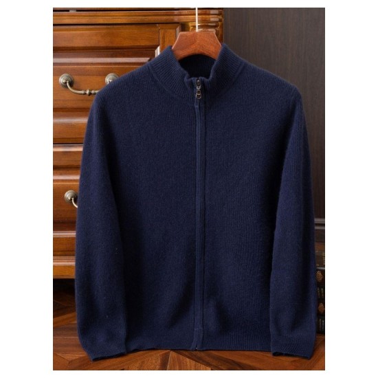 Cashmere Men's Medium-Heavy Zip-Up Cardigan Sweater | Business Knit Top with Mock Neck & Full Zip | Oversized Knit Layer