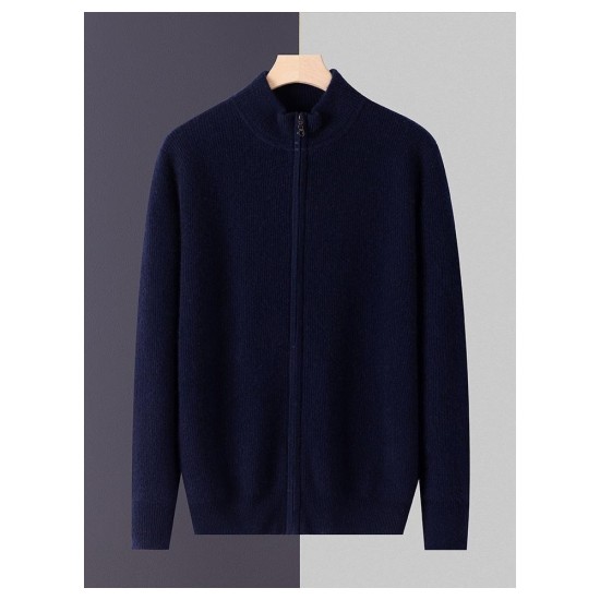 Cashmere Men's Medium-Heavy Zip-Up Cardigan Sweater | Business Knit Top with Mock Neck & Full Zip | Oversized Knit Layer