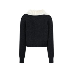 Chic Navy V-Neck Knit Top with Contrast Collar for Office Wear