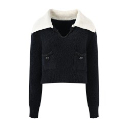 Chic Navy V-Neck Knit Top with Contrast Collar for Office Wear
