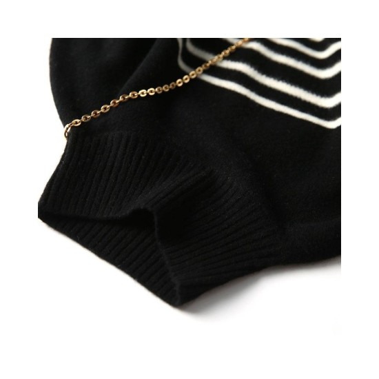 Black and White Striped High Neck Knit Sweater | Mid-Length Slim Fit Pullover | Casual Office Layering Top for Women