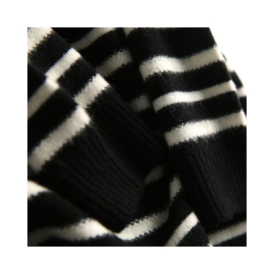Black and White Striped High Neck Knit Sweater | Mid-Length Slim Fit Pullover | Casual Office Layering Top for Women