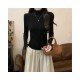 Lace Trim High Neck Knit Top | Slim Fit Long Sleeve Sweater with Elegant Scalloped Edges for Office & Commute
