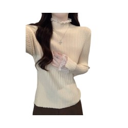 Lace Trim High Neck Knit Top | Slim Fit Long Sleeve Sweater with Elegant Scalloped Edges for Office & Commute