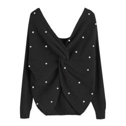 Back-Cross Knit Sweater Women's Casual Crewneck Pullover Office Chic Fall Winter Tops