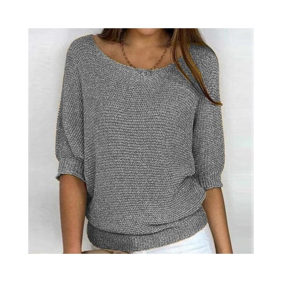 Elegant Crewneck Knit Top for Women | Soft Pure Color Seven-Sleeve Blouse | Office Casual Air Conditioning Cardigan