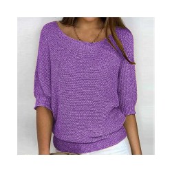 Elegant Crewneck Knit Top for Women | Soft Pure Color Seven-Sleeve Blouse | Office Casual Air Conditioning Cardigan