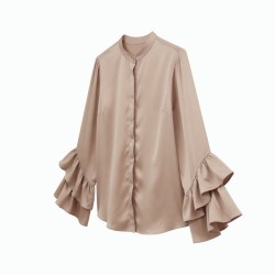 Silk Satin Blouse with Ruffle Sleeves - Elegant Long Sleeve Shirt for Women