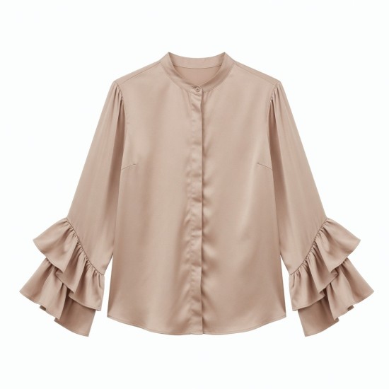 Silk Satin Blouse with Ruffle Sleeves - Elegant Long Sleeve Shirt for Women