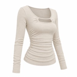 U-Neck Hollow-Out Tee for Women | Ruched Waist Slim Fit Long Sleeve Knit Top | Elegant Office Wear with Figure-Flatterin