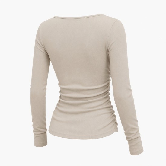 U-Neck Hollow-Out Tee for Women | Ruched Waist Slim Fit Long Sleeve Knit Top | Elegant Office Wear with Figure-Flatterin