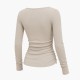 U-Neck Hollow-Out Tee for Women | Ruched Waist Slim Fit Long Sleeve Knit Top | Elegant Office Wear with Figure-Flatterin