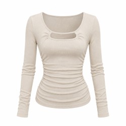 U-Neck Hollow-Out Tee for Women | Ruched Waist Slim Fit Long Sleeve Knit Top | Elegant Office Wear with Figure-Flatterin