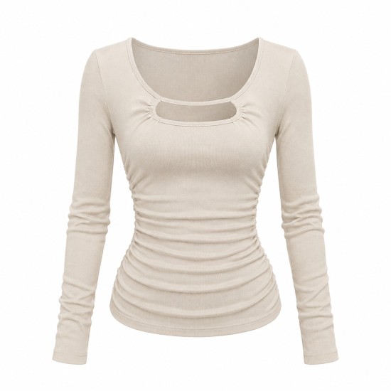 U-Neck Hollow-Out Tee for Women | Ruched Waist Slim Fit Long Sleeve Knit Top | Elegant Office Wear with Figure-Flatterin