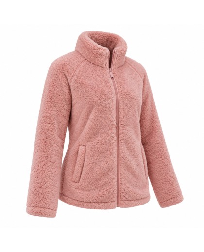 Women's Long Pile Fleece Zip Jacket with Long Sleeves - Warm Coral Fleece Outerwear