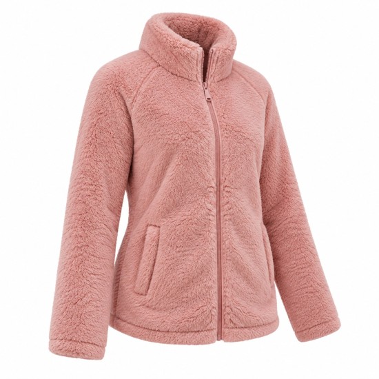 Women's Long Pile Fleece Zip Jacket with Long Sleeves - Warm Coral Fleece Outerwear