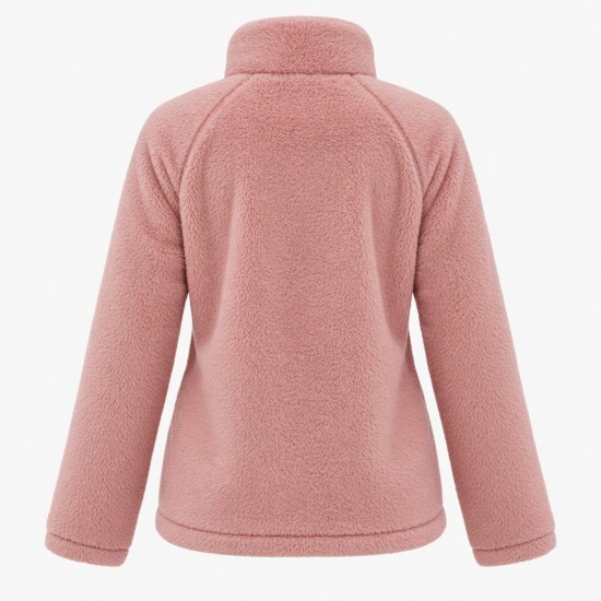 Women's Long Pile Fleece Zip Jacket with Long Sleeves - Warm Coral Fleece Outerwear