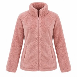Women's Long Pile Fleece Zip Jacket with Long Sleeves - Warm Coral Fleece Outerwear