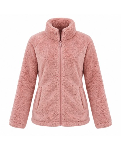 Women's Long Pile Fleece Zip Jacket with Long Sleeves - Warm Coral Fleece Outerwear