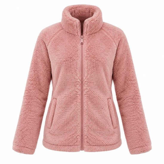 Women's Long Pile Fleece Zip Jacket with Long Sleeves - Warm Coral Fleece Outerwear