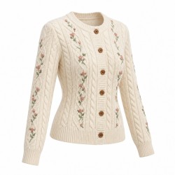 Vintage Cable Knit Cardigan with Embroidery, Slim-Fit Fall Sweater