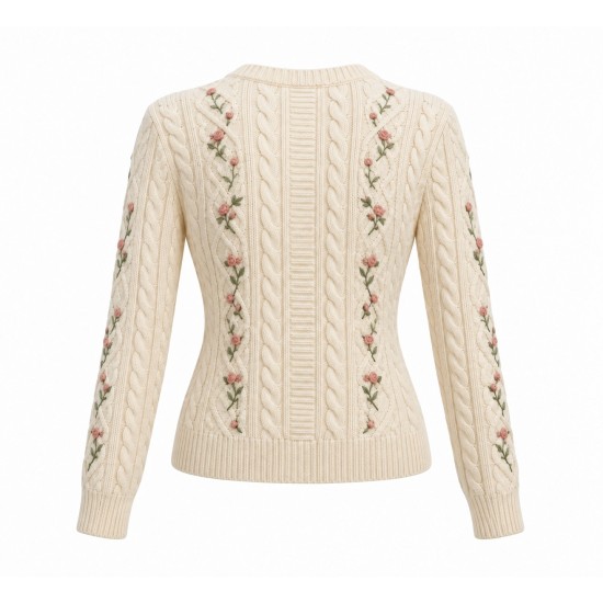 Vintage Cable Knit Cardigan with Embroidery, Slim-Fit Fall Sweater