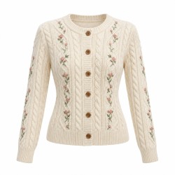 Vintage Cable Knit Cardigan with Embroidery, Slim-Fit Fall Sweater