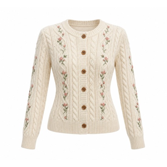 Vintage Cable Knit Cardigan with Embroidery, Slim-Fit Fall Sweater